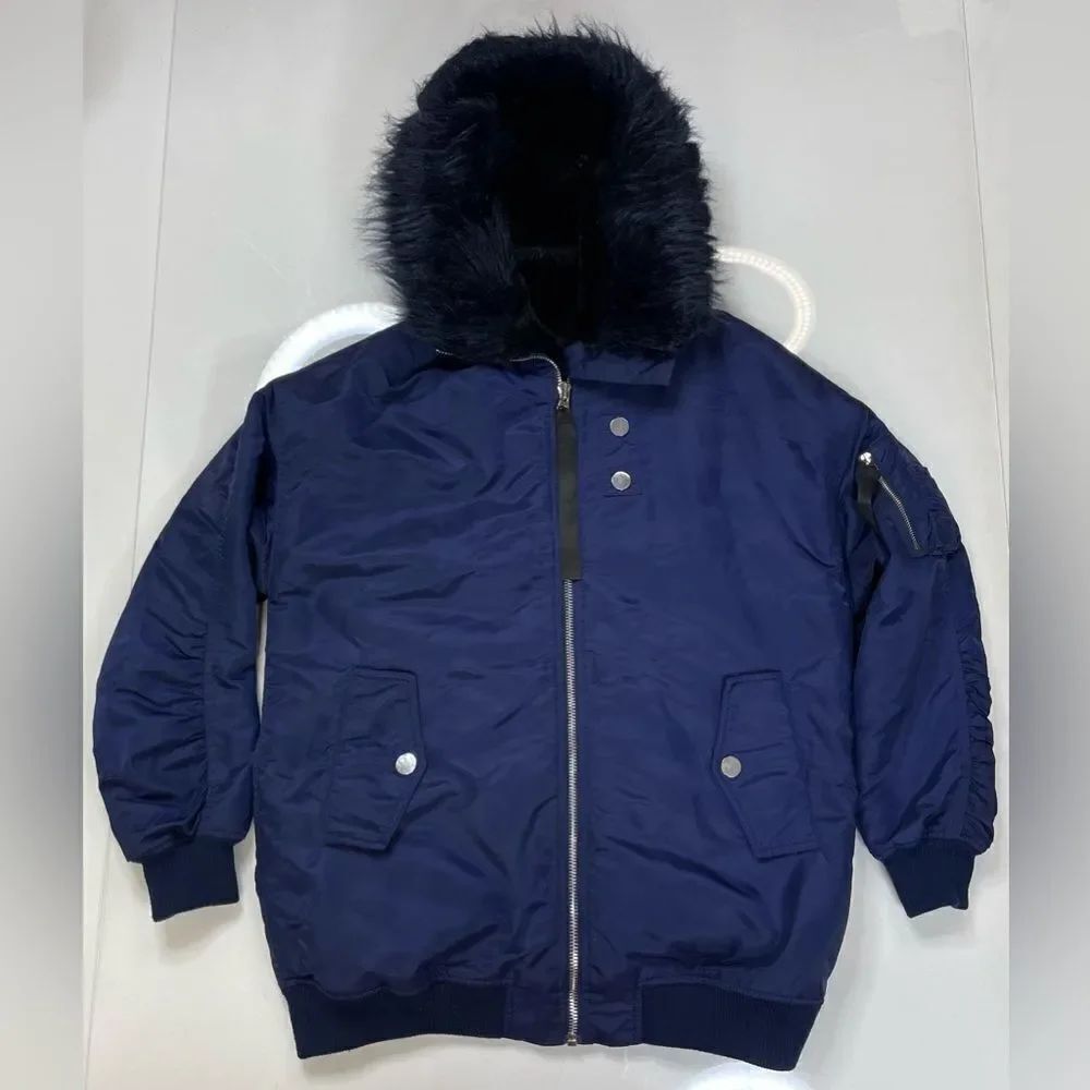 Maje Govember Hooded Fur Trim Parka Jacket Women Size 36 Or Small Oversized Blue